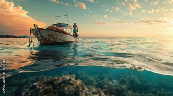 Obraz Red fishing boat on a calm sea with clear sky and visible underwater rocks. A man on a fishing boat.
