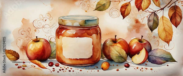 Fototapeta Apple jam in a glass jar and fresh apples, watercolor style illustration, generated AI. Banner.