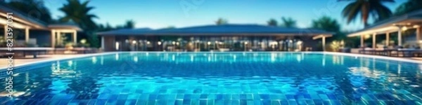 Fototapeta The image presents an abstract, blurred vision of leisure and relaxation, with the cool blue of a swimming pool contrasting the warm tones of a tropical evening.