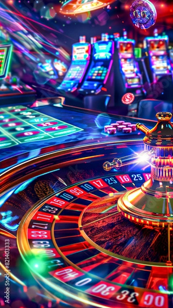 Obraz Roulette Wheel and Casino Games in Neon Glow, A vibrant scene of a roulette wheel in the foreground, surrounded by slot machines and card tables bathed in neon light.