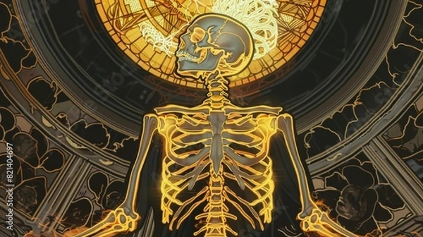 Fototapeta Skeleton in a green and gold geometric pattern for halloween or gothic design