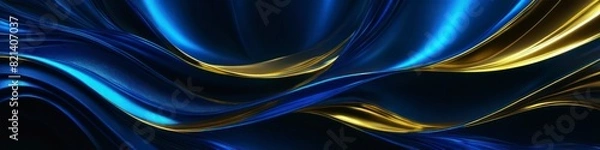 Fototapeta The image presents an abstract, dreamlike vision of undulating blue and gold waves, their luxurious curves set against a dark backdrop, offering a sense of serene movement.