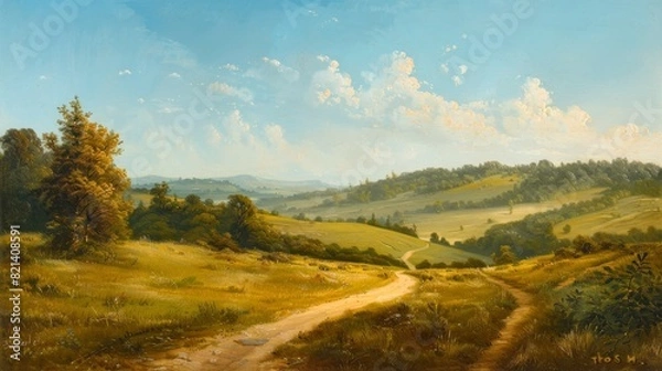 Fototapeta Summer meadow landscape with a path and trees