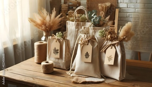 Fototapeta  Eco-friendly fabric bags made from natural and recycled materials, placed on a wooden table. Each bag is decorated with jute twine and dried flowers
