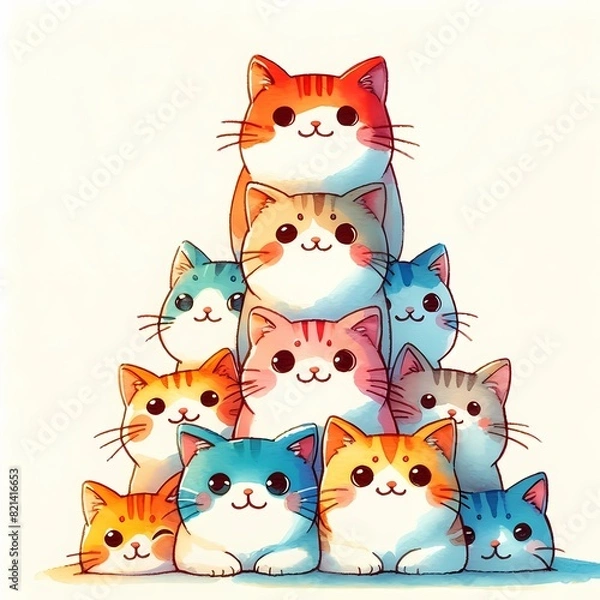 Fototapeta Smiling Cat Stack: Watercolor T-Shirt Design