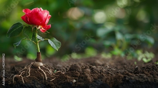 Fototapeta Single red rose with roots exposed in soil, symbolizing growth and natural beauty.