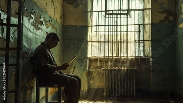 Obraz Man sits reading in a sunlit prison cell, surrounded by shadows and peeling paint. Prisoner reads a letter from his family.