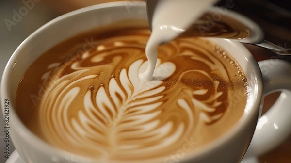 Fototapeta A close up of latte art being made in a coffee shop, with a white mug showing a beautiful design. The barista is pouring milk into the cup from above to create an intricate pattern on top of the cappu