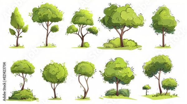 Fototapeta collection of cartoon trees isolated on white background