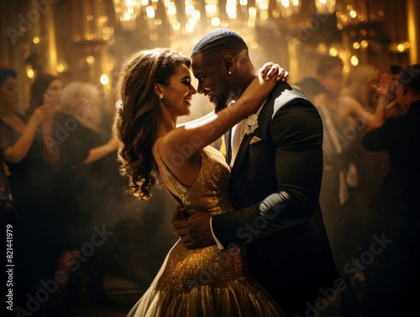 Obraz Couple in love dancing at a gala. The woman wears a golden dress while her lover, a black man, an elegant suit. They smile, hold tight, & look into each other’s eyes, surrounded by glamorous people.