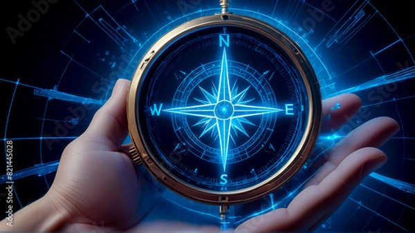 Fototapeta Hand Holding Digital Compass with Glowing Blue Navigation Interface