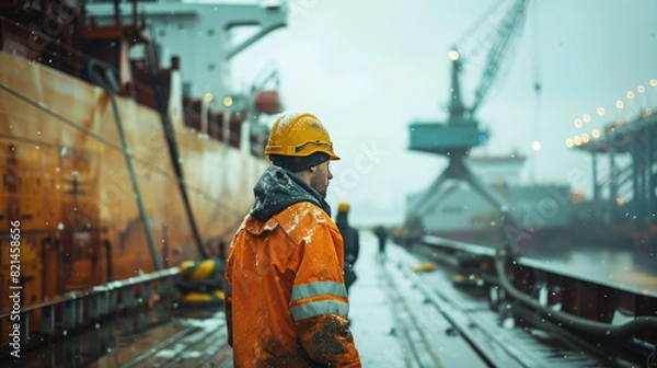 Obraz A dock worker in an orange raincoat and helmet standing on a wet dock beside a large ship in a rainy port.