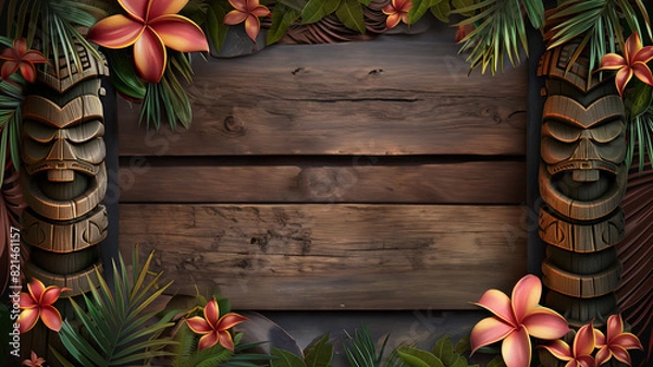 Obraz A beachy tiki theme blank sign to accept a custom message or design element; a dark rustic wooden sign texture, allows for custom type & graphics - a border of tropical leaves, flowers and wood masks
