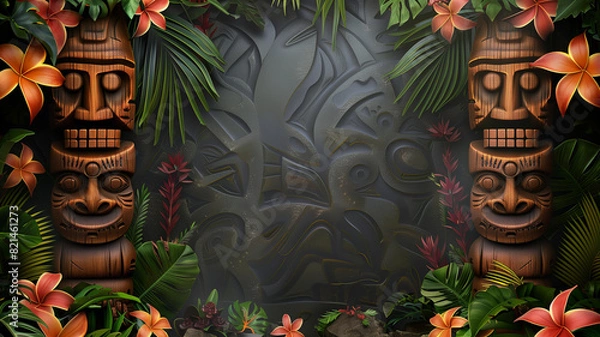 Fototapeta A tropical theme sign to accept a custom message or design element - rustic carved black surface that allows for custom type and graphics - a border of tropical leaves, flowers and wood masks, sign