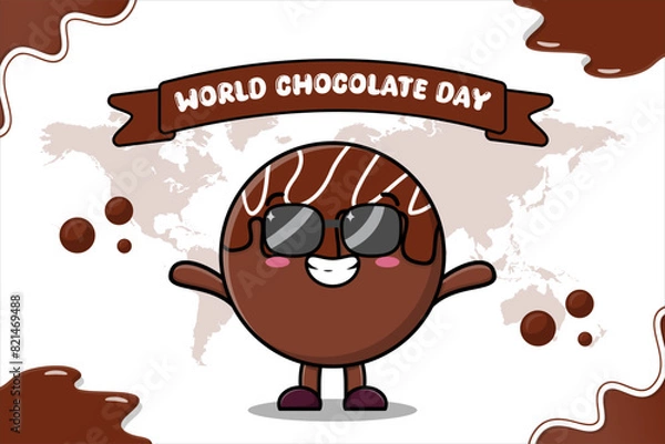 Obraz 24	flat World Chocolate Day Celebration Poster Design illustration on July 7th	world chocolate day, round balls, cursive letters, heartshaped candy, chocolate festival, chocolate lovers, large bar, ar