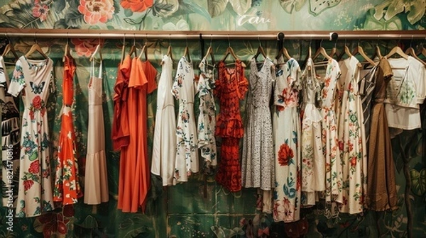 Fototapeta Various dresses and shirts hanging on racks in a fashionable womens closet. Creative concept of a clothing showroom or designer store. Generative AI