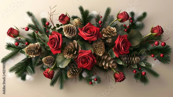 Fototapeta psd with transparent red roses and pine cones on a isolated background