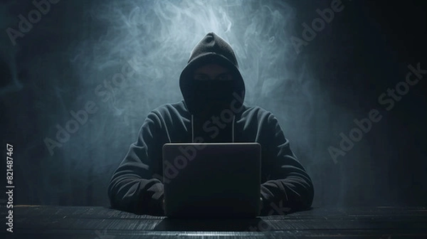 Fototapeta Hooded Hacker  Man Using Laptop at Table
