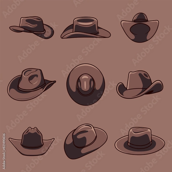 Obraz Set Simple Cartoon Flat Cowboy Hat Vector Design Element Collection. Editable Line. Adjustable Stroke Width.