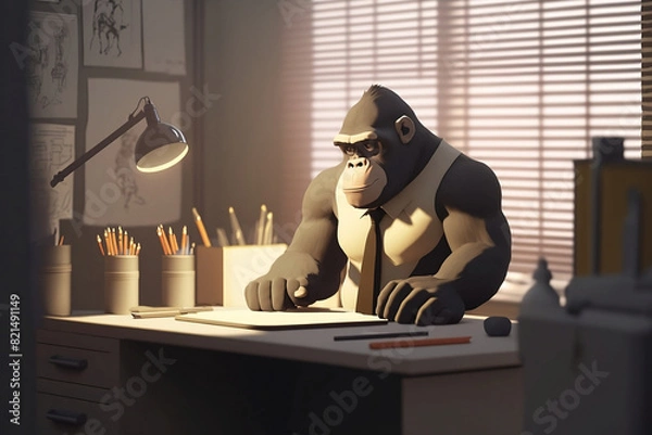 Obraz Gorilla Office Worker Sketching at Desk in Sunlit Room