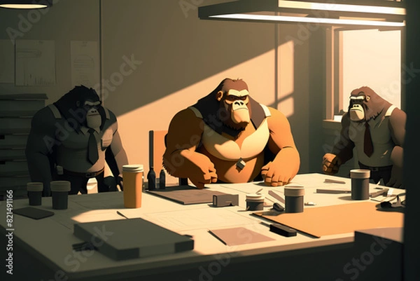 Obraz Gorillas in Business Attire Having a Meeting in an Office