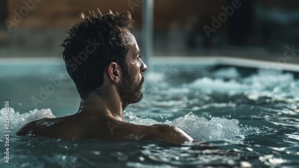 Obraz man sitting in a cold plunge tub