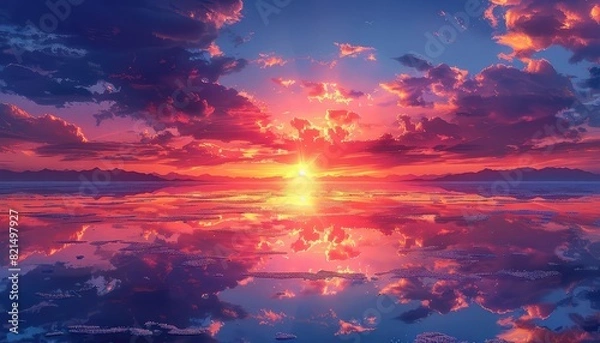 Fototapeta Salt Flats with sunset reflections flat design side view mirrored sky theme water color Analogous Color Scheme