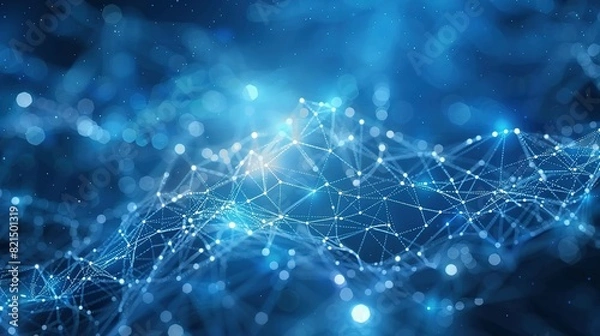 Fototapeta Abstract blue technology background featuring a cyber network grid with connected particles. Artificial neurons and global data connections.
