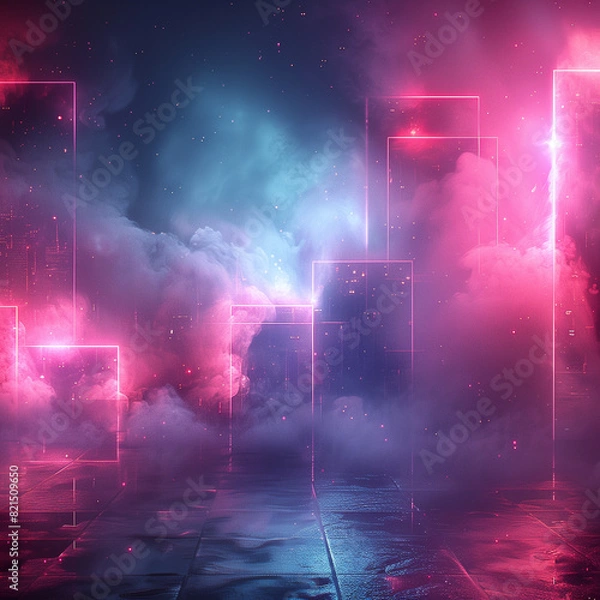 Fototapeta abstract background, metal panels with glowing edges in a back lit smoky room, square 1:1