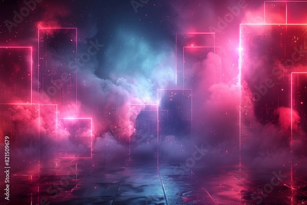 Fototapeta abstract background, metal panels with glowing edges in a back lit smoky room, for monitors 3:2