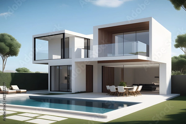 Fototapeta Modern luxury apartments with balconies overlook a sparkling pool, creating a sleek residential oasis