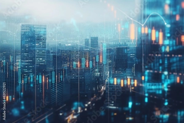 Obraz A city skyline with a blue and orange background generated by AI