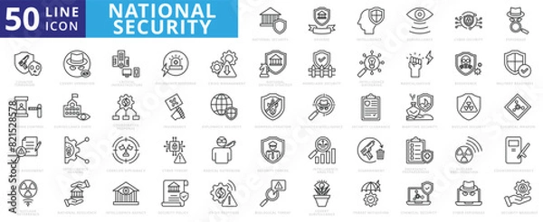 Fototapeta National Security icon set with defense, intelligence, surveillance, cyber security, espionage and counter terrorism.