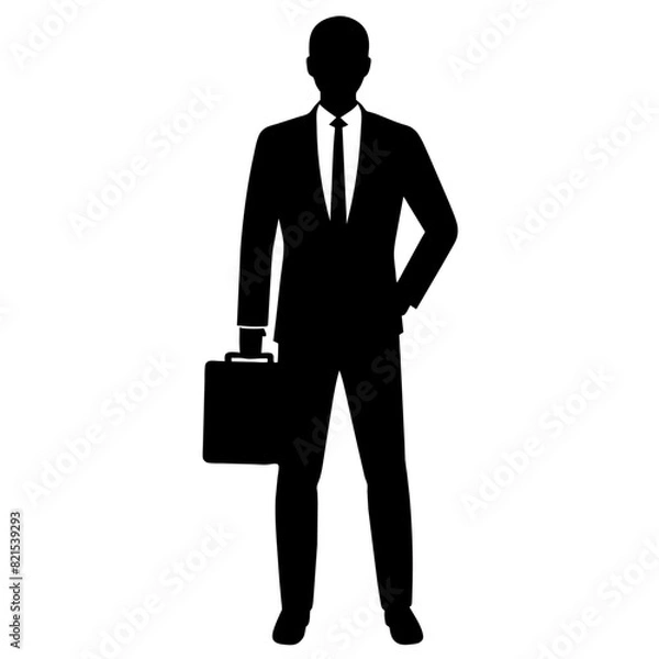 Fototapeta a business man stand with briefcase vector silhouette, black color illustration, solid white background