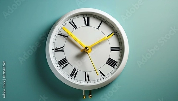 Fototapeta Part of white wall clock with yellow second hand hanging on wall. Close up image of plastic wall clock over turquiose blue background with copy space. Photo of time management or time is going concept
