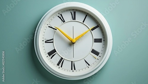 Fototapeta Part of white wall clock with yellow second hand hanging on wall. Close up image of plastic wall clock over turquiose blue background with copy space. Photo of time management or time is going concept