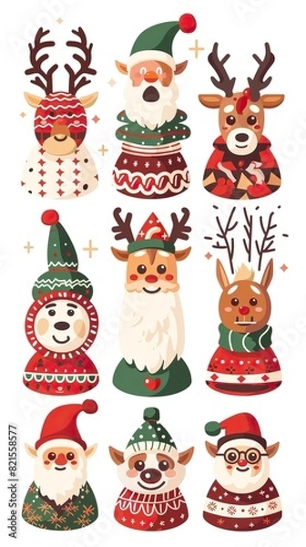 Fototapeta Christmas jumper with reindeer, elf, Santa head and hat vector cartoon set isolated on a white background