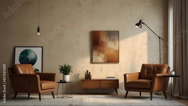 Fototapeta Living room wall mockup with leather armchair and decor on cream color wall background