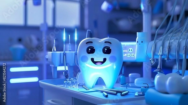 Fototapeta 3D render of a cute tooth character smiling in the middle of a dental laboratory, with dental tools and equipment around, under blue lighting,  in a cinematic shot with a wide angle.