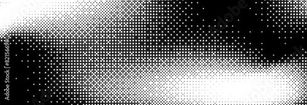 Fototapeta Pixelated bitmap grunge gradient texture. Black dither pattern wallpaper. Abstract glitchy pattern. 8 bit video game background. Wide raster backdrop. Retro pixel art Illustration. Vector