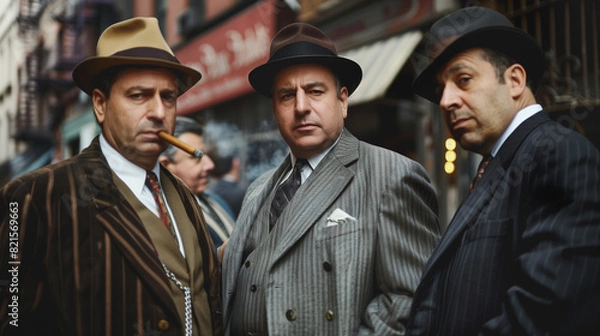 Fototapeta portrait of a three Italian mafia standing and smoking  cigar