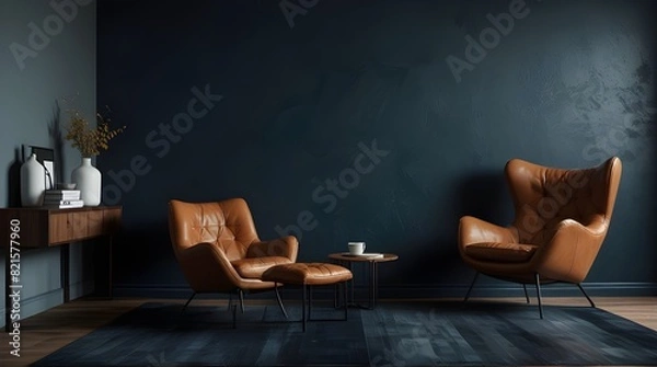 Fototapeta Modern interior of living room with leather armchair on wood flooring and dark blue wall