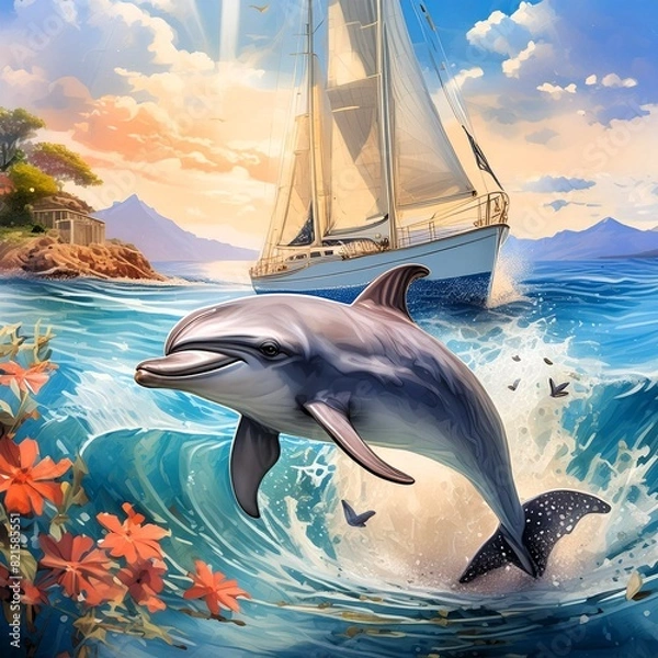 Fototapeta A serene and vibrant scene of a dolphin playfully swimming in the blue sea near a small, luxurious yacht