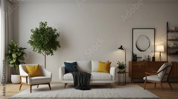 Fototapeta Living room interior have armchair and decor accessories with white color wall- 3D rendering