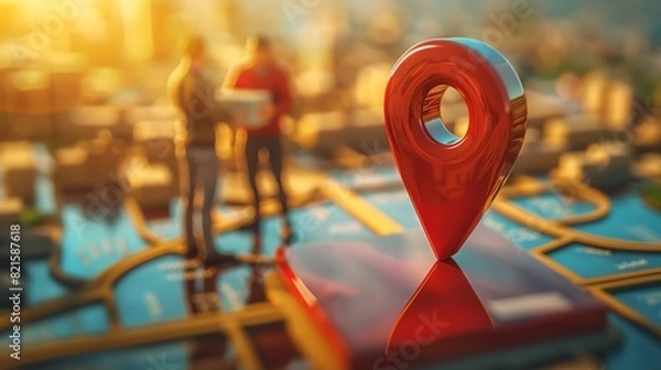 Fototapeta Close-Up of a 3D Red Map Pin with Delivery Concept, with a delivery man and customer exchanging a package and friendly conversation, 