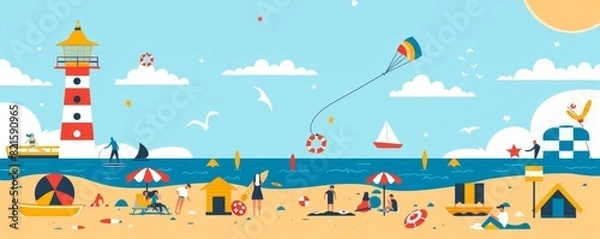 Fototapeta Generate an image of a lively summer beach with a cliffside background