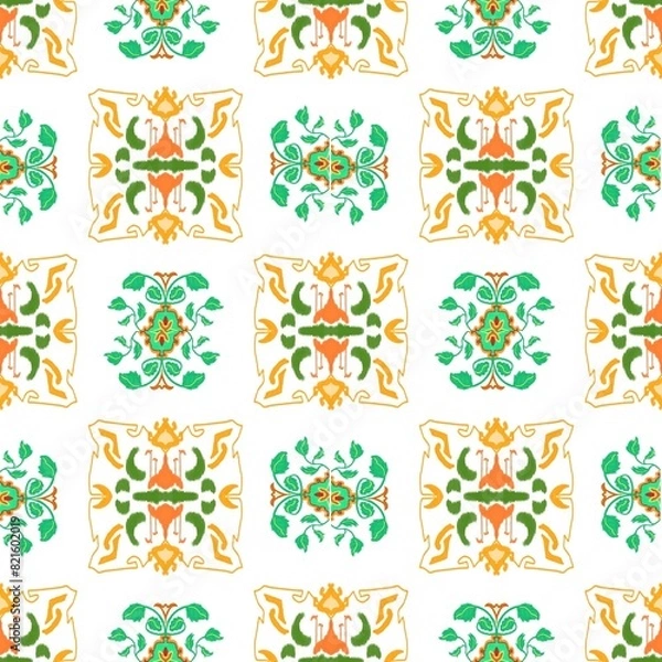 Fototapeta Damask Ikat floral pattern on red background illustration.Ikat ethnic oriental embroidery,Aztec style,abstract background.design for texture,fabric,clothing,wrapping,decoration,sarong,scarf