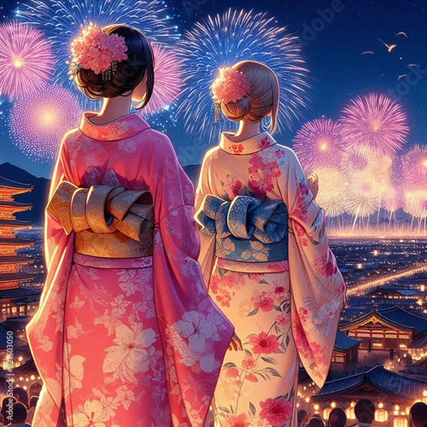 Fototapeta 夏祭り、浴衣、思い出、花火、お友達と過ごした夏のアート