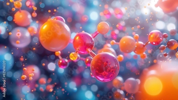 Fototapeta Vibrant depiction of molecular structures with colorful spheres and a bokeh background, highlighting scientific and chemical concepts.