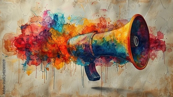 Fototapeta A drawing of a megaphone with colorful sound waves, representing the power of free speech in a democracy.